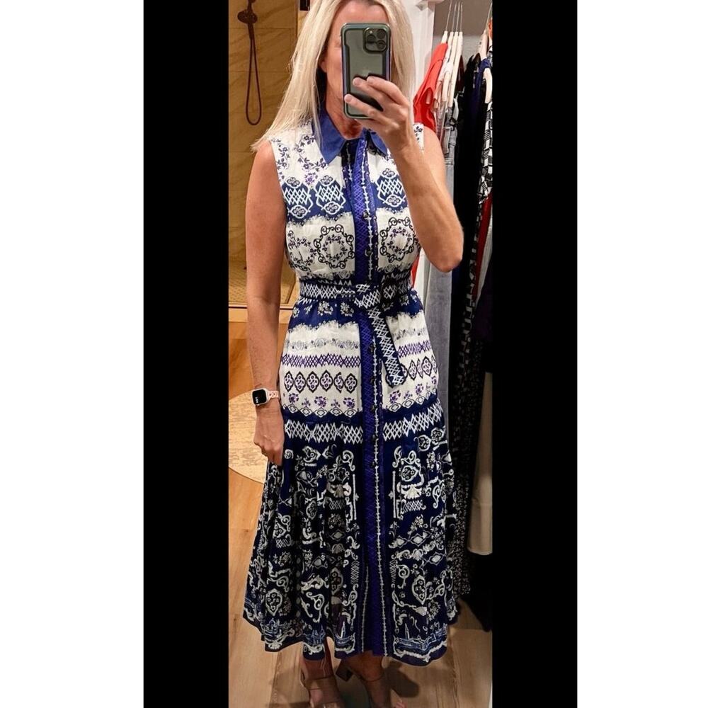 SALONI Blue White Abstract Design Nya Collared Sleeveless Button Up Dress US 2 - Picture 15 of 15